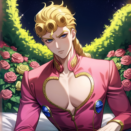 giornogiovanna and gold_experience artwork manga art by sakimichan and artgerm and wlop, 1boy, solo, pectorals, cleavage cutout , young, confident, young years old, male focus, blonde hair, realistic,  jacket, holding a rose, cute pretty, Insanely Beautiful octane render, smooth, sharp focus, cute soft face, beautiful face, amazing professional grand lighting, fine details, masterpiece, trending on artstation and pixiv, 4 k hdr 3 5 mm photography, floral aesthetic  <lora:giornogiovanna:0.7>