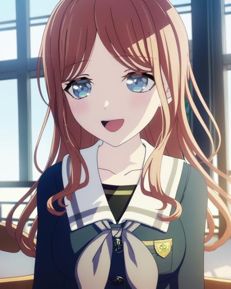 masterpiece, best quality,     <lora:ALL:1>,1girl, solo, long hair, school uniform, smile, blue eyes, brown hair, open mouth, upper body, neckerchief, indoors, bangs, breasts, collarbone, :d, sailor collar, shirt, white sailor collar, window, serafuku, Nagasaki Soyo