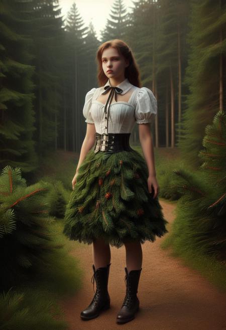 fir needle style, 1girl, full body, standing still, vibrant colored shadows, expressive lighting, 85mm cinematic look, cute face,  Vintage Colonial Revival made out of fir needles, puffed sleeve white shirt high-waisted black skirt corset belt lace details muted monochrome palette historical countryside setting softened edges black-and-white photography somber expression graceful side gaze.