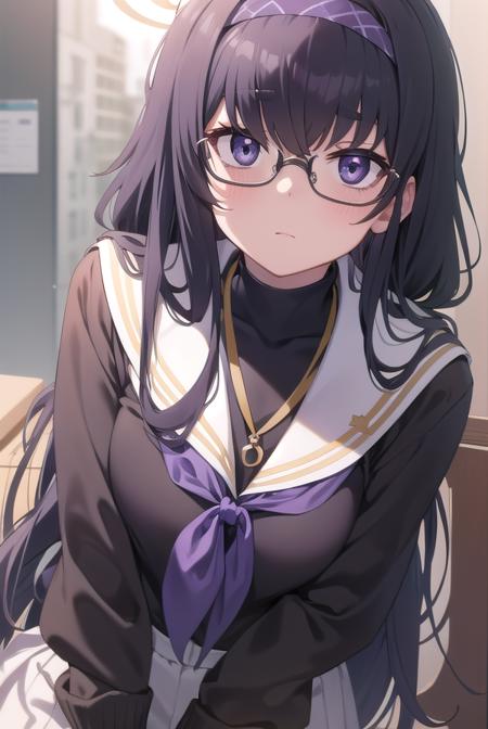 uikozeki, <lyco:uikozeki-lyco-nochekaiser:1>,
ui kozeki, bags under eyes, black hair, (purple eyes:1.5), glasses, halo, long hair, red-framed eyewear,
BREAK black pantyhose, black undershirt, blue hairband, blue neckerchief, brown cardigan, brown sweater, cardigan, hairband, long sleeves, messy hair, neckerchief, pantyhose, sailor collar, school uniform, serafuku, sweater, white sailor collar, white serafuku, skirt, long skirt,
BREAK looking at viewer,
BREAK indoors, classroom,
BREAK <lyco:GoodHands-beta2:1>, (masterpiece:1.2), best quality, high resolution, unity 8k wallpaper, (illustration:0.8), (beautiful detailed eyes:1.6), extremely detailed face, perfect lighting, extremely detailed CG, (perfect hands, perfect anatomy),