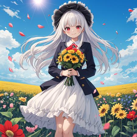 1girl, solo, long_hair, looking_at_viewer, white hair, red eyes, smile, bangs, skirt, shirt, long_sleeves,  dress, bow, holding, closed_mouth, flower, frills, hair_flower, petals, bouquet, holding_flower, center_frills, bonnet, holding_bouquet, flower field, flower field, colorful, vivid color, blue sky, lens flare, depth of field, dutch angle