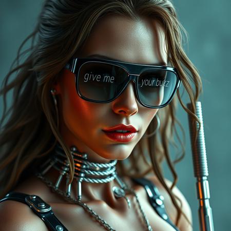 full body female terminator, amazing charming woman with metal implant. Glasses with inscription clear text: "give me your buzz". cinematic, realism, epic, majestic, fantasy art, high detailed,
