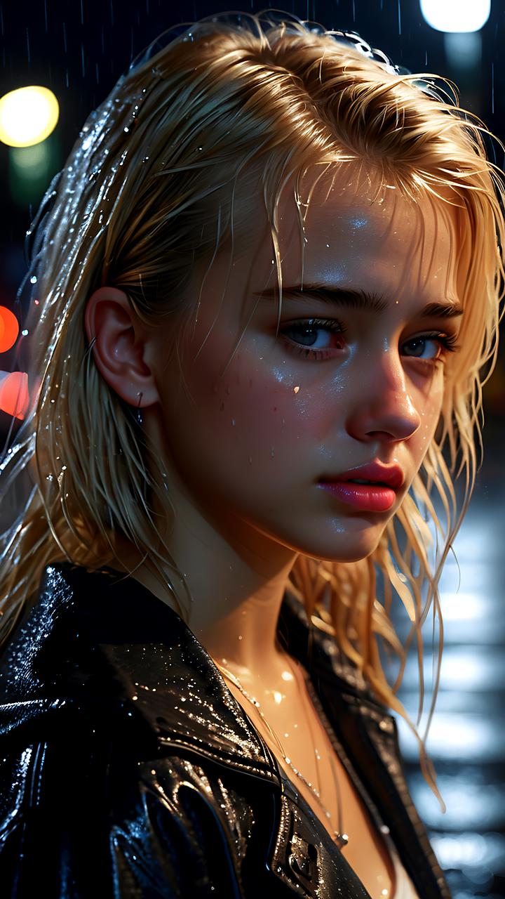 young woman, pretty face, blond hair, rain, street lights, sad look, tears in her eyes, dark night, looking away, from the side, photorealistic, hyperrealistic art, extremely high-resolution details, photographic, realism pushed to extreme, fine texture, incredibly lifelike, neon lighting, absurdres, masterpiece, 8k, high detail, intricate, best quality