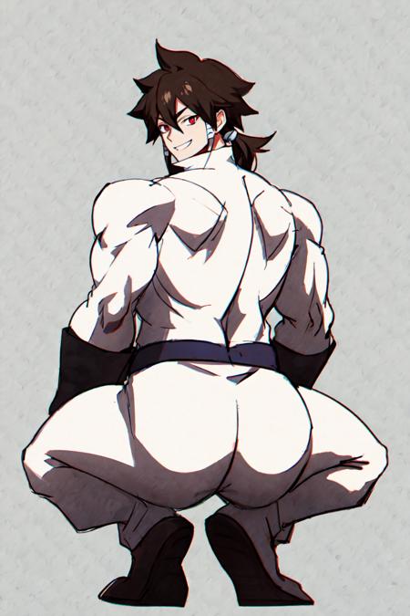 Indra, masterpiece, best quality, 1boy, brown hair, long ponytail, red eyes, short eyebrows, white outfit, looking at viewer, smile, simple background <lora:Indra_Ôtsutsuki__Character_LoRA_Naruto:1> BrolyCuloMeme, squatting, ass, muscular, <lora:BrolyCuloMeme:0.8>