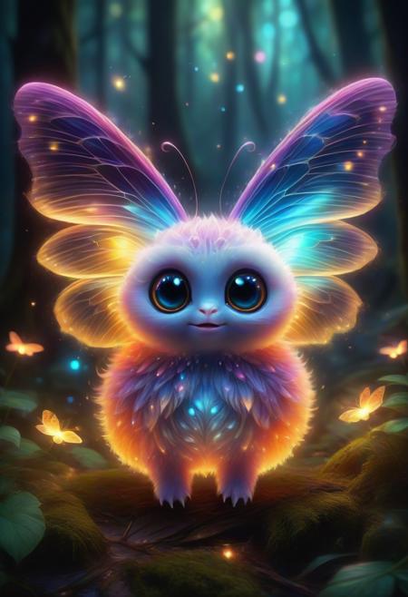 hyper detailed, 4k, masterpiece, Fantasy digital painting featuring a fluffy, round-eyed, adorably cute butterfly creature with bright radiant, fiery, multicolored skin emitting gentle sparks, set against a dark, enchanted forest floor glowing with a warm, ethereal light, tiny luminous particles floating around, creating a magical and whimsical atmosphere in a softly focused, dreamlike environment under a backdrop of soft golden illumination highlighting the creature's iridescent plumes and circular eyes sparkling with wonder.