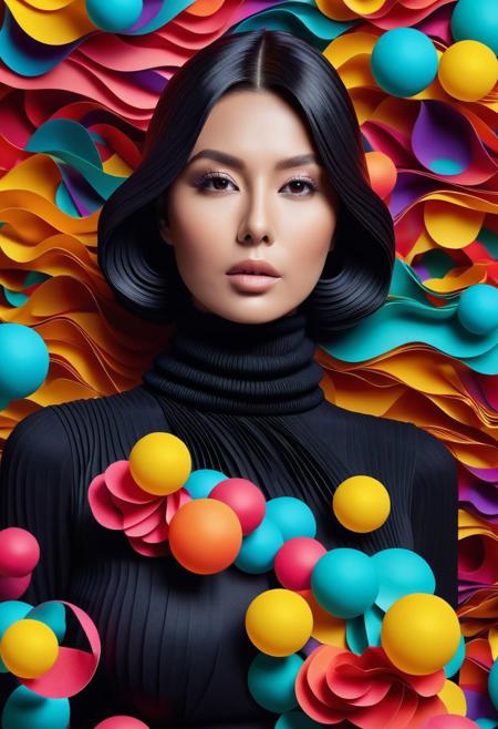 Buxom Woman in black turtleneck and coloful bubbles Origami paper folds papercraft, made of paper, stationery, 8K resolution 64 megapixels soft focus abstract vector fractal, wave function, Zentangle, 3d shading
