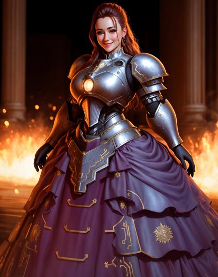 4K, Masterpiece, highres, absurdres,photorealistic, smiling, [ballgown|Parrley_armor], a woman in a [dress|suit of armor] posing for a picture , wearing a [ballgown|Parrley_armor],big bulky futuristic armor, <lora:ParrleyGown:0.7>