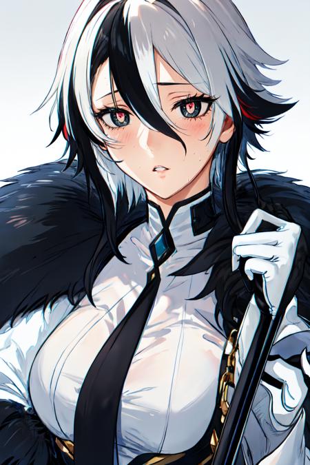 hews style, upper body, x-shaped pupils, parted lips, coat, black hair, grey hair, bangs, gloves, looking at viewer, breasts, fur trim, hair between eyes, 1girl, fur-trimmed coat, red pupils, symbol-shaped pupils, two-tone hair, solo, black eyes, short hair, white hair, black gloves, blush, holding, multicolored hair, sweat, streaked hair, simple background<lora:hews_style:1>