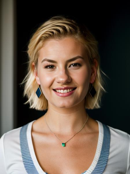 Realistic photo of a beautiful 3l1sh4c-v1 woman, 1girl, solo, looking at viewer, smile, short hair, blonde hair, shirt, jewelry, earrings, parted lips, teeth, solo focus, necklace, mole, blurry, lips, blurry background, portrait, mole under mouth, striped shirt, realistic, soft lighting, professional Photography, Photorealistic, detailed, RAW, analog, sharp focus, 8k, HD, DSLR, high quality, Fujifilm XT3, film grain, award winning, masterpiece<lora:3l1sh4c-v1:1.0>