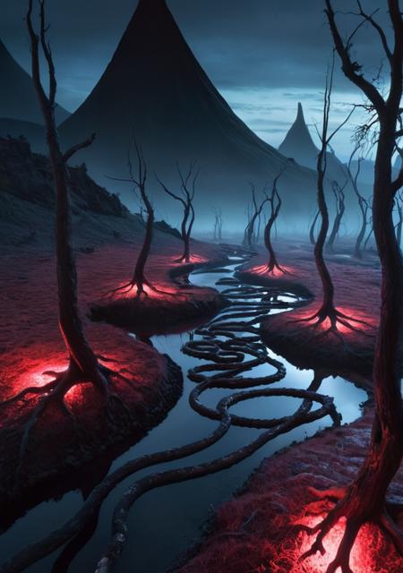 Create an image of a foreboding, twilight-hued valley in the heart of a twisted realm where terror lurks. The landscape should feature: 
    A winding, black-as-obsidian river that appears to be alive, with tendrils of darkness slithering out of its depths.
    Towering, gnarled trees with bark that seems to shift and writhe like living serpents, their branches grasping towards the sky like skeletal fingers.
    A range of jagged, crimson-hued mountains in the distance, with peaks that appear to be bleeding a slow, viscous liquid.
    A dark, misty fog that clings to the terrain like a malevolent entity, imbuing everything it touches with an aura of dread and foreboding.
    Strange, glowing mushrooms or fungi scattered throughout the landscape, emitting an eerie, pulsing light that seems to be calling out for attention.
    In the foreground, a lone figure (perhaps a hooded traveler, a twisted creature, or a ghastly apparition) stands at the edge of the river, bathed in the faint glow of the mushrooms. This figure should appear fragile and insignificant against the backdrop of this surreal horror landscape.