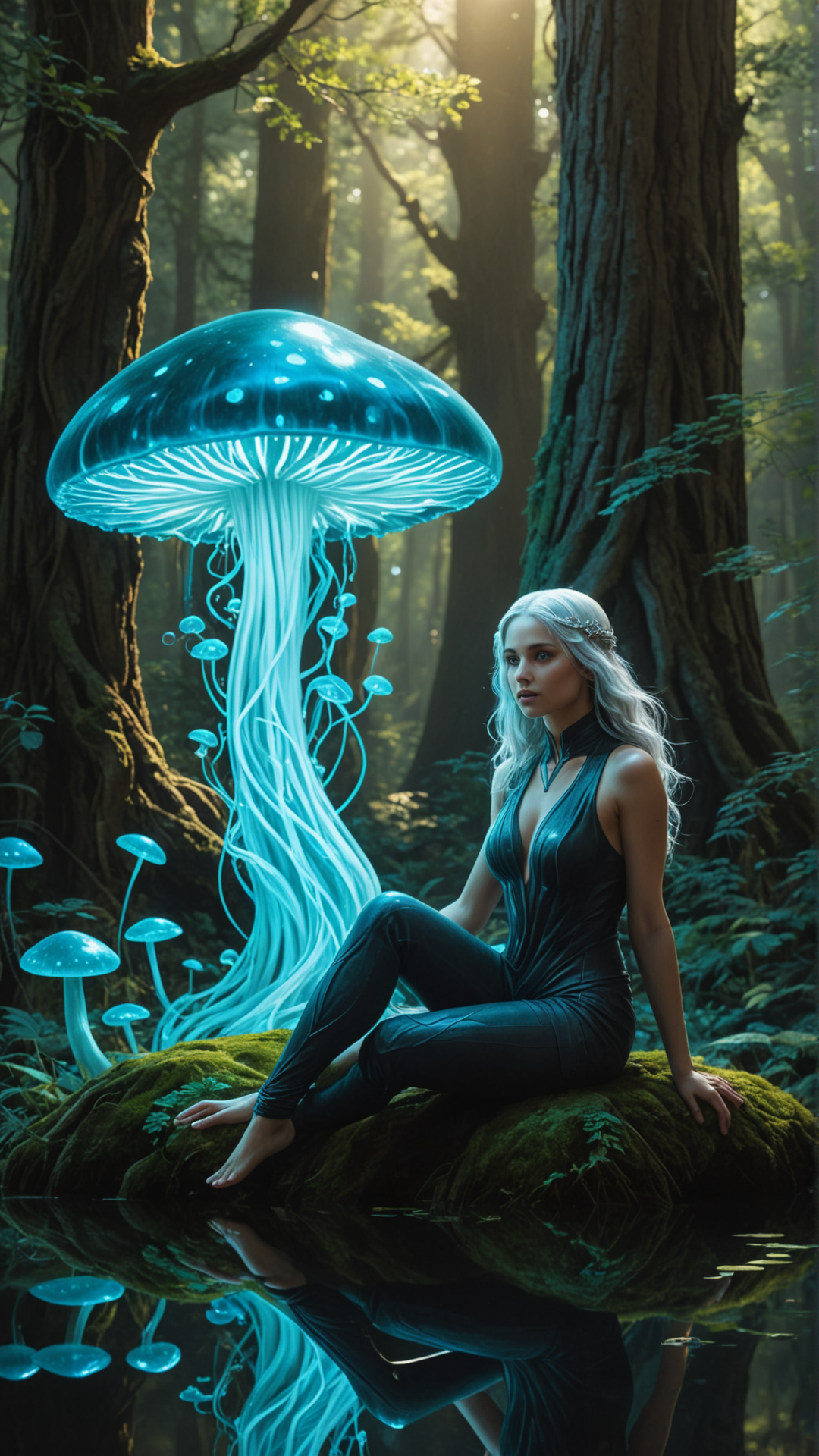 A regal, androgynous being with iridescent blue-green skin and flowing silver hair sits cross-legged at the center of a glowing mushroom circle, surrounded by towering trees with gnarled trunks and ethereal, luminescent caps that cast an emerald glow across the mystical forest floor, the air thick with an otherworldly energy as the being's slender fingers weave intricate patterns in the air, summoning a shimmering aura that resonates with the soft, pulsing light of the mushrooms, while in the distance, a hidden pathway of glittering, crystalline stones winds its way down to the edge of a tranquil lake, where the water's surface reflects the vibrant hues of the forest, and beneath the ripples, the outlines of an underwater city can be glimpsed, its sweeping architecture and grand, domed structures bathed in the soft, blue-green radiance of bioluminescent jellyfish that drift lazily through the streets, casting an ethereal glow across the city's inhabitants as they go about their daily lives, unaware of the mystical world that exists just above the water's surface.