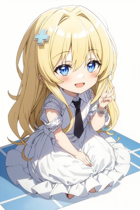 white background,Kisaragi Alice,x hair ornament,white dress,(chibi:1.2),sittng,open mouth, smile,