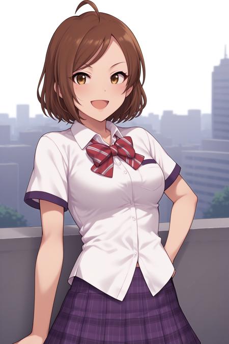 im yujin, brown hair, short hair, ahoge, yellow eyes, long eyelashes, idolmaster cinderella girls, school uniform, short sleeves, purple sleeve ends, white shirt, collared shirt, breast pocket, red bowtie, untucked shirt, purple skirt, plaid skirt, pleated skirt, short skirt im yujin, brown hair, short hair, ahoge, yellow eyes, long eyelashes, idolmaster cinderella girls, short sleeves, grey sleeve ends, white midriff, pink two-way collar, gold epaulettes, cleavage, collarbone, navel, shorts, short shorts, white shorts, pink belt, black gloves, pink footwear, high heels