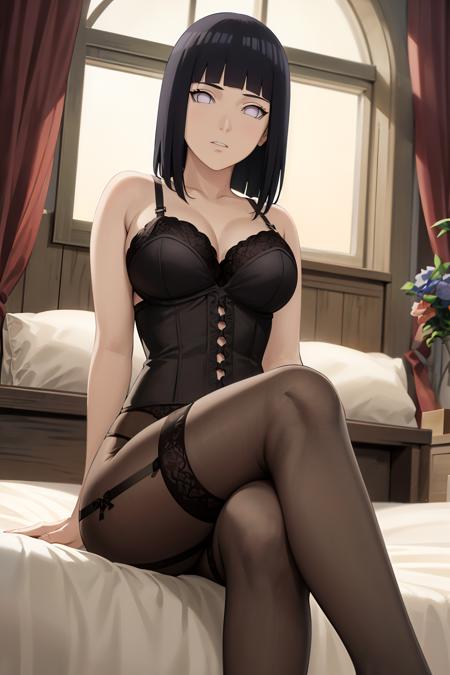 masterpiece, absurdres,hinata\(boruto\), 1girl,mature female, solo, black corset, lingerie, garter straps,wine,looking at viewer, caustics, sitting, crossed legs, bed, window