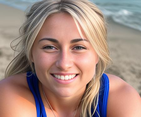 single face closeup of CarriejuneAnneBowlbyV1 at the beach. Smiling. Natural, realistic, photograph.