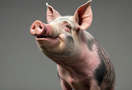 hyper-realistic, side view, HDR, detailed, dark fantasy style, The PIG SIDE VIEW, slimeish skin, inticate detailes, simple gray background