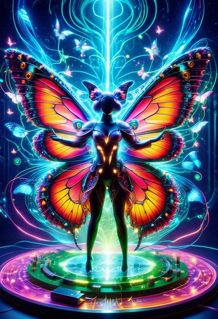 masterpiece, high quality, detailed Pointillism, ultra-high resolution, volumetric lighting, very aesthetic,, made of Circuit Board, wires, eletric componnents, surrealism,  A (antho butterfly tech wizard:1.5) dancing on a cloud Circuit Board, nostalgic ambiance, vibrant digital illustration, dark atmosphere, fantasy, mystic, butterfly Style, butterfly tech