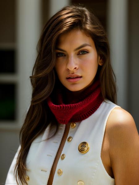 Realistic photo of a beautiful l1nd43 woman,1girl,solo,long hair,looking at viewer,brown hair,brown eyes,upper body,scarf,lips,buttons,realistic,badge,soft lighting, professional Photography, Photorealistic, detailed, RAW, analog, sharp focus, 8k, HD, high quality, masterpiece<lora:l1nd43:1.0>