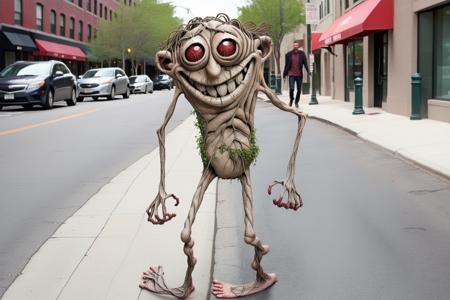 Hyperrealistic (Full body shot) photo Whimsical during in basilwolverton style, grotesque, spaghetti hair, bulging eyes, skin folds, veins, large teeth, bloodshot eyes 1man  smiling walking down a city street looking across the street towards camera <lora:BasilWolvertonComboStyleXL_v1.1:0.8>