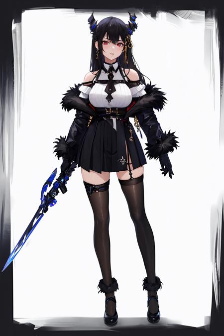 masterpiece, best quality, Nerissa, 1girl, long hair, full body, holding, breasts, asymmetrical legwear, uneven legwear, skirt, gloves, shirt, off shoulder, bare shoulders, fur trim, jacket, weapon, holding, bident, <lora:NerissaRavencroftV1-000090:0.9>, standing