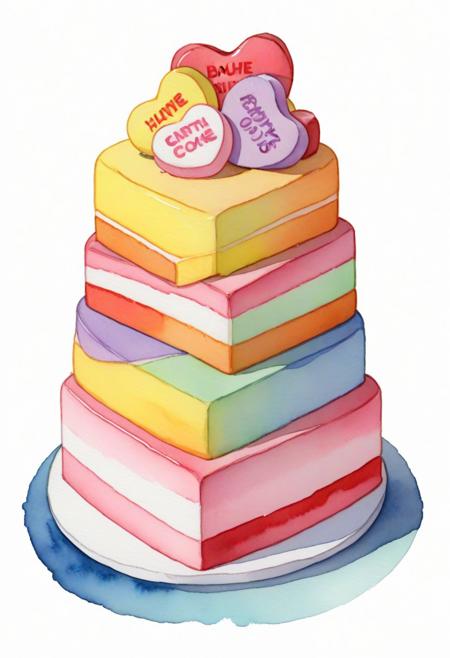 masterpiece, high quality, a cake made from candyhearts, Bauhaus style, water colored sketch, T-shirt, candy,