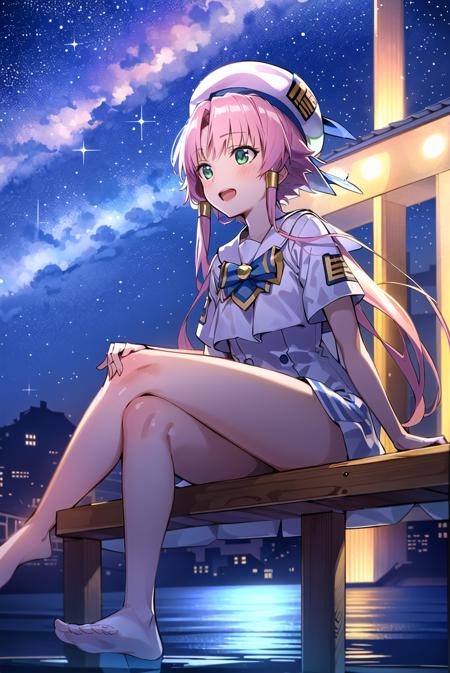 ((masterpiece,best quality)), <lora:MizunashiAkariV1:0.65>, mizunashi akari, uniform, dress, white dress, hat, sailor collar,
night, outdoors, dock, starry sky, sitting, (looking up:1.2), barefoot, sidelocks, open mouth