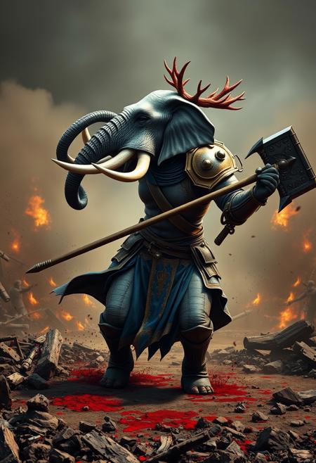 hyperrealistic, anthropomorphized elephant/human female (with female human body, elephant head with human features), grey skin, bald, large tusks, large elephant trunk, 
knight, blue and gold full armor, long pelvic curtain, muscular thighs, holding a midevil war-hammer, knight, crown of red antlers,
charging into battle, fighting, hero pose, surrounded by smoke, surrounded by blood, blood splattered on floor, midevil battlefield, burning rubble, 
cinematic composition and lighting. Masterpiece. 8k. Very detailed.
