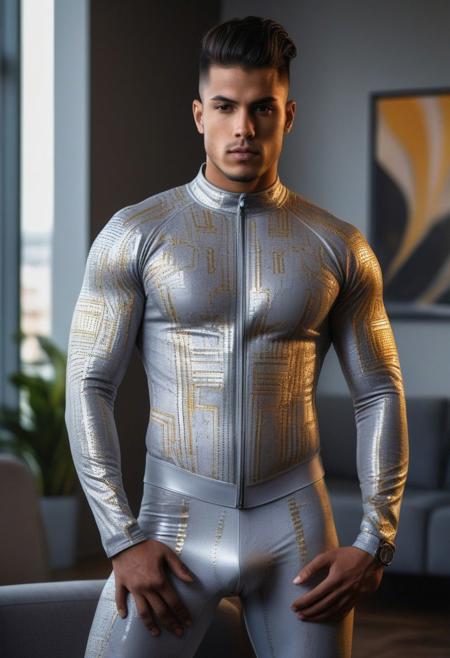 a strong 24-year-old brazillian hunk male, with a buzz undercut hairstyle, detailed face, mindless expression,  wearing a skin tight light-gray rubber suit with silver and gold electronics circuits patterns, wearing a light-gray rubber jockstrap, on a modern living room, standing at attention pose, full body visible, looking at viewer, portrait, photography, detailed skin, detailed rubber texture, realistic, photo-realistic, 8k, highly detailed, full length frame, High detail RAW color art, diffused soft lighting, shallow depth of field, sharp focus, hyperrealism, cinematic lighting