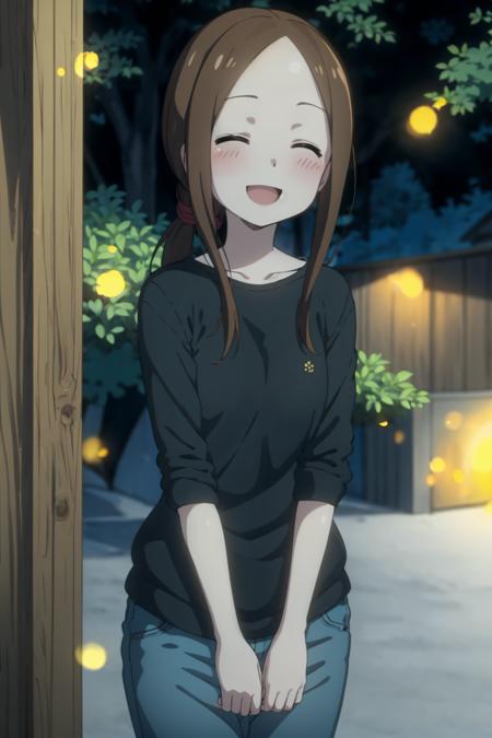 best quality, (masterpiece:1.2), detailed,
<lora:chara_KarakaiJouzu_Takagi-san_v1:0.8>, takagi-san adult,
1girl, solo, open mouth, smile, blush,
brown hair, (closed eyes:1.2), ponytail,
black shirt, jeans,
standing, looking at the viewer,
outdoors, night, fireflies