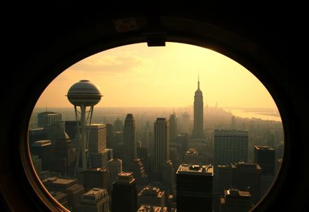 Spaceport, city view, new york, city skyline, retro,