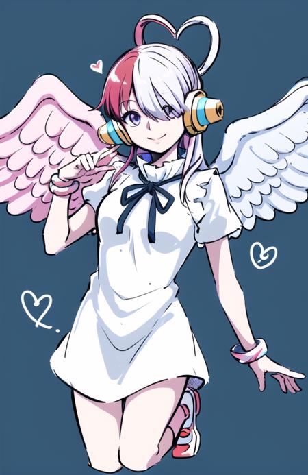 <lora:ichigoameeee-000060:0.5>,ichigomeee,  <lora:utaonepieceV1:0.5>,1girl, solo, smile, headphones, angel wings, dress, simple background, heart