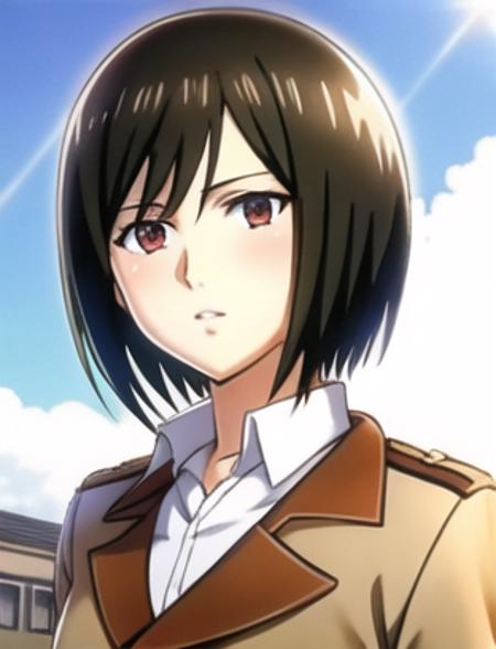  (mikasa ackerman), highres,(masterpiece_1.0),(best quality_1.0),(4k),military uniform, perspective from front, (upper body),looking at viewer