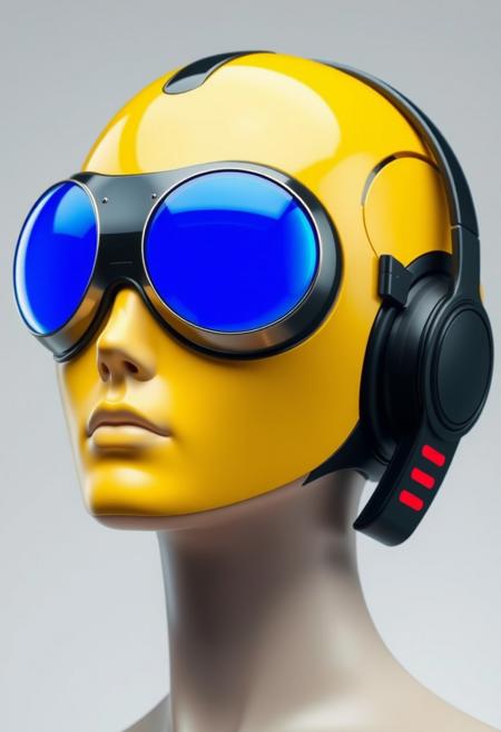 The figure's head is encased in a streamlined helmet, predominantly yellow with black accents. The helmet appears highly polished, with a smooth, almost glossy finish. Integrated into the helmet are large, circular, reflective lenses that cover the eyes entirely. The lenses glow with blue hue, giving off a cool, futuristic aura. These oversized goggles suggest an augmented reality or heads-up display function, typical of high-tech environments. Around the figure’s ears are sleek, futuristic headphones, which are seamlessly built into the helmet design. These headphones are primarily black with red, horizontal stripes along the side, indicating an interface for communication or audio enhancements. The skin tone appears smooth and artificial, hinting at synthetic or modified human characteristics