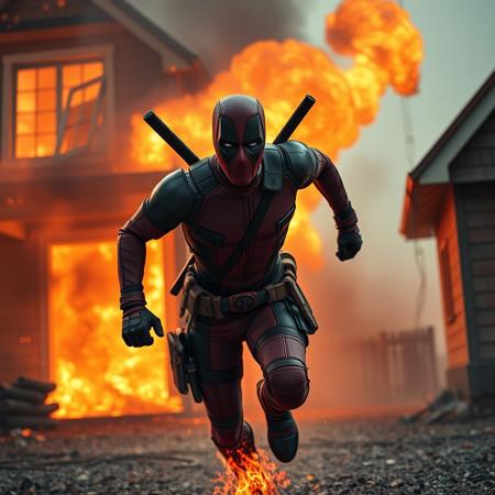 Deadpool is running out of a exploding house, super focus on male, deadpool is on fire, superrealistic