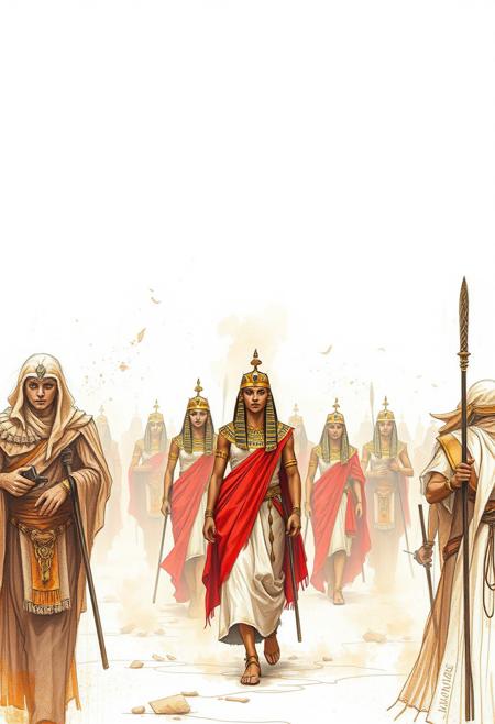 Thick foggy surroundings, warm hand-drawn sketch. Ancient Egyptian art style depicting a parade of pharaoh's concubines in the style of Aleandro Burdesio's Dust Hopper, elegant, historic essence, cinematic lighting, windy atmosphere, oil painting in the style of Bill Sienkiewicz and Pablo Amaringo. Rough lines, textured pencil strokes, white background, reds, oranges, yellows.