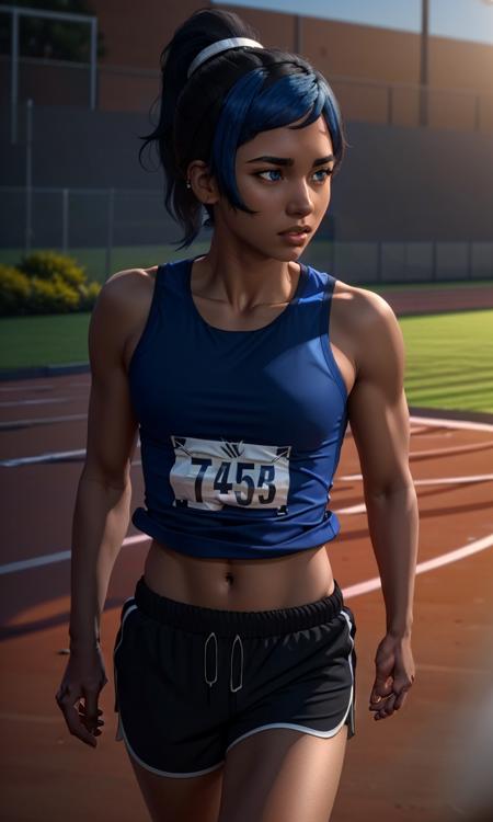 hannahpth, 1girl, perspective photo, 8k, uhd, masterpiece, black hair, raw image, cinematic lighting, ponytail, brown skin, black hair, blue hair streak, blue eyes, gym shorts, running track, breasts,