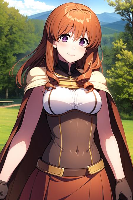 masterpiece, best quality, (extremely detailed CG:1.2),(8k:1.1),1girl,(machiko ryou:1.3),smile, detailed steel armor, breasts, cape, gloves, medium breasts, midriff, navel, purple eyes, solo, weapon, photorealistic, dynamic rocky mountains, <lora:machiko ryou:1>, thin delicate hair strands,