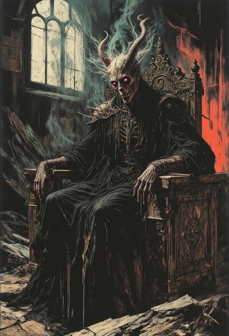 A close-up view reveals the gothic throne, its surface adorned with intricate carvings of entwined serpents and roses, the dark wood catching the pale glow of moonlight filtering through fractured windows. Swirling smoke rises from cracks in the dais, coiling and dissipating into the cold air, creating a haunted, otherworldly aura. The throne's obsidian base pulses faintly with a sickly cyan glow, its veins radiating an eerie, lifelike energy.Seated upon the throne is a spectral figure, her translucent horns twisting upward like jagged crescents, shimmering faintly as they catch the shifting light. An evil grin spreads across her angular face, her hollow cheeks and piercing eyes—glowing in haunting shades of violet and gold—with a predatory intensity. Her skeletal hands gripping the armrests glisten with the sheen of bone,  long, fingers adorned with faintly glowing rings. A rusted chain dangles from her hand, disappearing into the swirling mist below, its weight an ominous presence in the air.The muted background fades into gradients of deep teal and fiery crimson, the interplay of vibrant moonlight and smoky shadows creating a dramatic depth of field. Subtle movements within the darkness suggest unseen watchers, amplifying the tension of the scene. Every detail—the cracks in the stone, the translucent texture of the horns, the curling smoke—draws the viewer into a surreal, haunting vision of despair and dominion, illuminated by the cold, unrelenting glow of the moonlight.