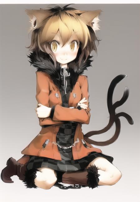 chen_(koumajou_densetsu) solo, 1girl, cat_tail, tail, cat_ears, animal_ears, multiple_tails, jewelry, earrings, brown_hair, boots, fur_trim, plaid, no_headwear, skirt, no_hat, short_hair, smile, yellow_eyes, blush, chain, jacket, nekomata, checkered_clothes, coat, short_dress, orange_eyes, slit_pupils, fur, brown_hair, 