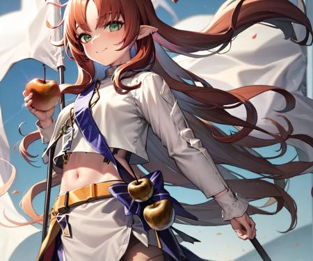 masterpiece, best quality, Myrtleuniform, holding flag, dynamic angle, a fluttering flag, hat, multicolored background, dynamic color, colorful, effect, clear sky, confident pose, standing, <lora:mtl-000007:1>, golden apple, closed_mouth, smile face,