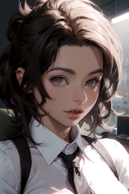 (8k, masterpiece, best quality, solo, sfw), ((Chloe Vevrier)), portrait, (office outfit, tie), looking away, eyelines, eyeshadows, simple dark background, <lora:Chloe_Vevrier_v1:0.99>, huge breasts