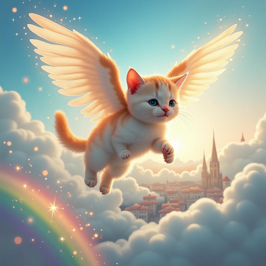 A flying cat with shimmering wings soaring above a magical city of clouds and rainbows, with sparkles trailing behind it