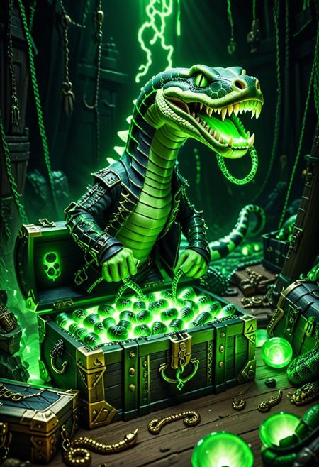 lazympos, Necron, electricity, green glow, green theme, cinematic, exaggerated happy snake in pirate costume, laughing at viewer , opening treasure chest
