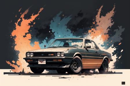 masterpiece, best quality, retro car, powerful, fire, splash art, (black background:1.4)