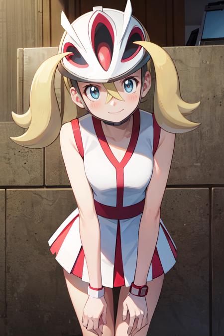 korrina (pokemon), solo,  grey eyes, blonde hair,  hair between eyes,   korrina (pokemon), solo,  grey eyes, blonde hair,  hair between eyes,  helmet, sleeveless, white dress, 