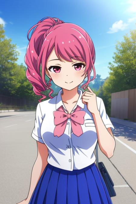 masterpiece, best quality, solo, upper body, ameyaerika, pink hair, drill hair, ponytail, hair bow, swept bangs, pink eyes, white shirt, short sleeves, blue bowtie, blue skirt, pleated skirt, school uniform, smile.