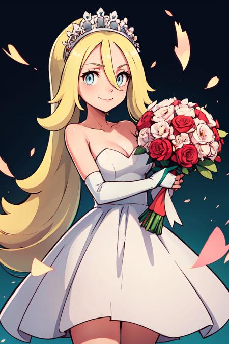 korrina (pokemon), solo,  grey eyes, blonde hair,  hair between eyes,   korrina (pokemon), solo,  grey eyes, blonde hair,  hair between eyes,  helmet, sleeveless, white dress, 