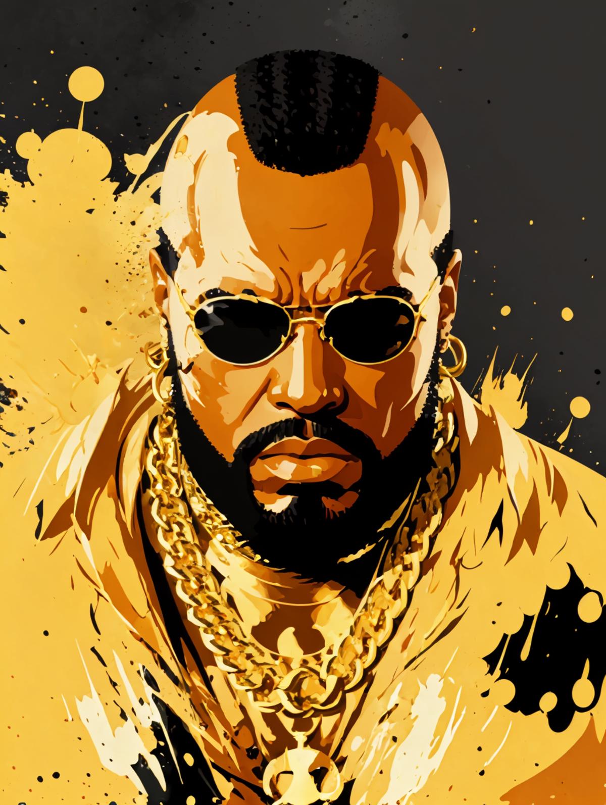 A black and gold portrait of a man with sunglasses and gold chains.