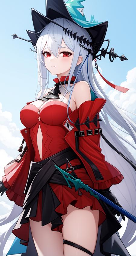 <lora:æµå¿-000029:1>,red dress,skadi,1girl,skadi \(arknights\),skadi the corrupting heart \(arknights\),solo,official alternate costume,cowboy shot,staff,looking at viewer,ascot,hat,outdoors,sky,blue sky,closed mouth,, 1girl,
,  (masterpiece,best quality:1.2),absurdres