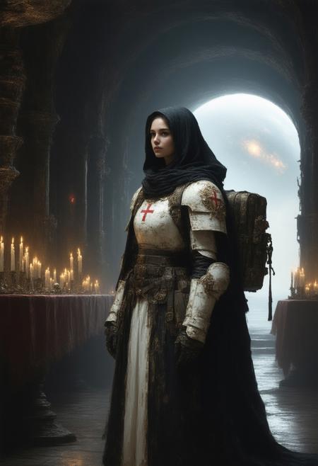 A semi-realistic female Adepta Sororitas Hospitaller stands solemnly in a gothic medbay aboard an Imperial warship. She wears black and white armor adorned with gold trim, purity seals, and the red Ecclesiarchal cross. A white coif and black mantle frame her freckled face and calm blue eyes. Her medical backpack is a servo-assisted reliquary, etched with sacred scripture and filled with holy medicae tools and relics. A wrist-mounted device projects gothic-styled holograms of vitals and gene scans.
At her side is a hooded servitor, draped in rags and equipped with surgical tools, chanting in Low Gothic. The medbay is lit by candles, incense, and red auspex glow, with arches carved in skulls and saints. Behind her, a stained-glass viewport reveals a war-torn planet and cold stars.
Style: Semi-realism
Theme: Warhammer 40K, Gothic Sci-fi
Lighting: Candlelight, auspex glow, faint starlight